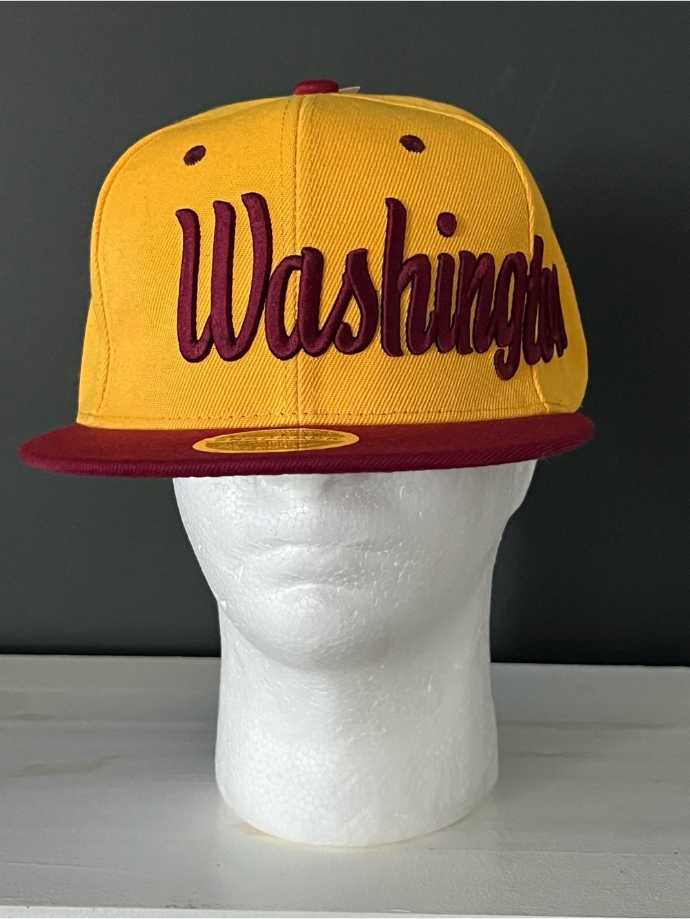 Washington Script Snapback Hat in Gold and Maroon